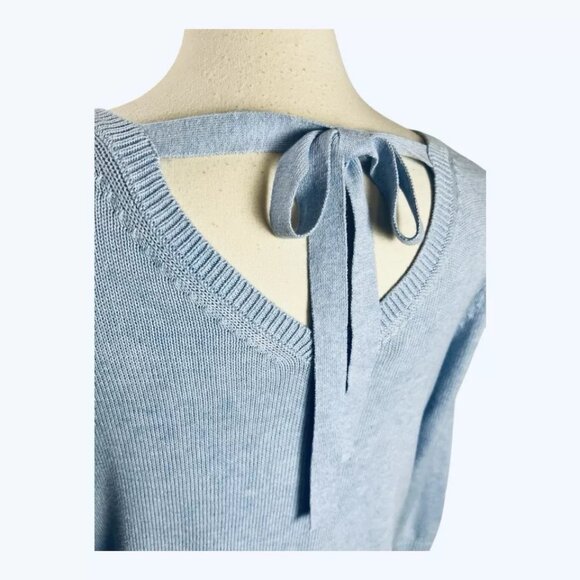 Talbots Sweater M Pima Cotton V-Neck Tie Back Knit Baby Blue Soft 3/4 Sleeve - Picture 3 of 7